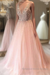 A Line V Neck Sequins Pink Long Semi Formal Prom Dresses, Pink Formal Graduation Evening Dresses